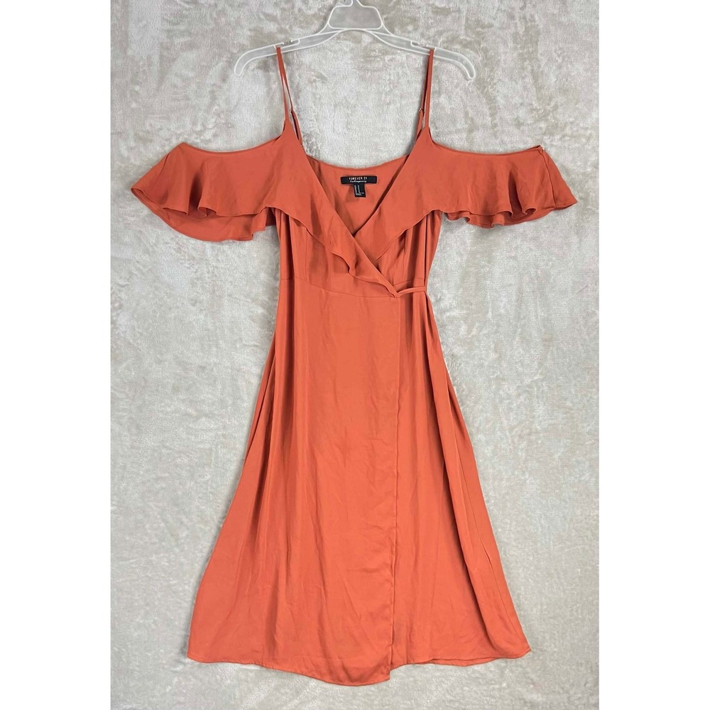 Forever 21 Contemporary Burnt Orange Cold Shoulder Ruffle Wrap Midi Dress M